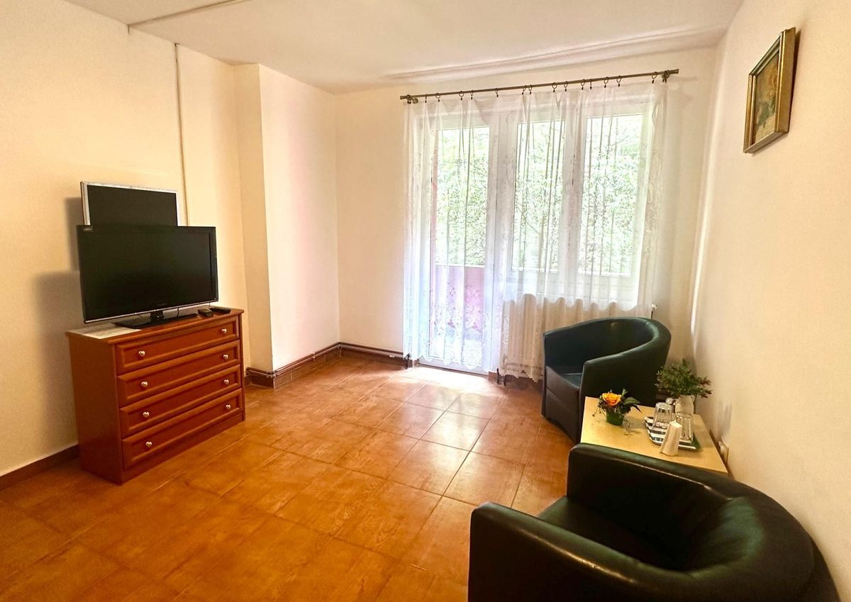 Livingul unui apartament, cu televizor pe o comodă de lemn, două fotolii verzi și ușa spre afară în spatele perdelelor