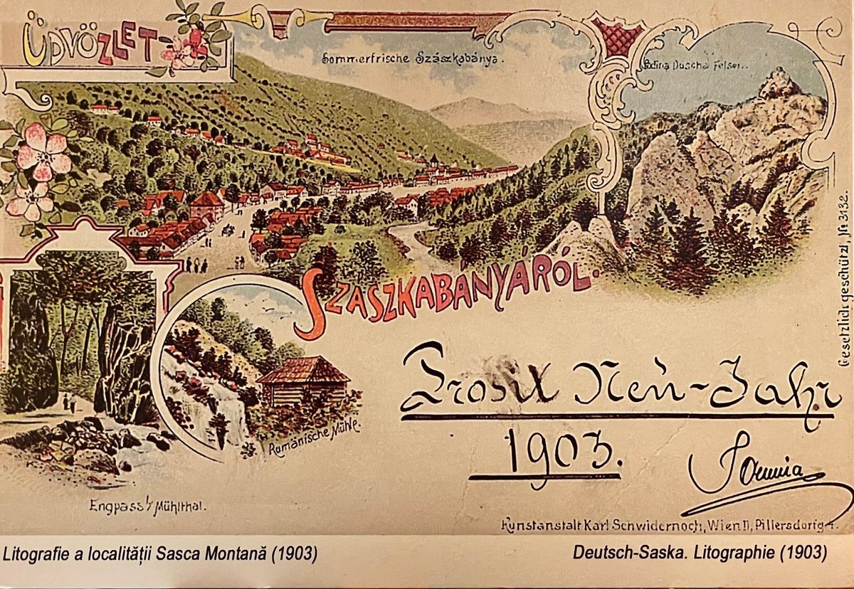 Litografie de Anul Nou 1903, tipărită la Viena: patru vederi din Sasca — satul pe vale, un perete de stâncă, defileul Văii Morii și o moară românească — încadrate în vrejuri de flori
