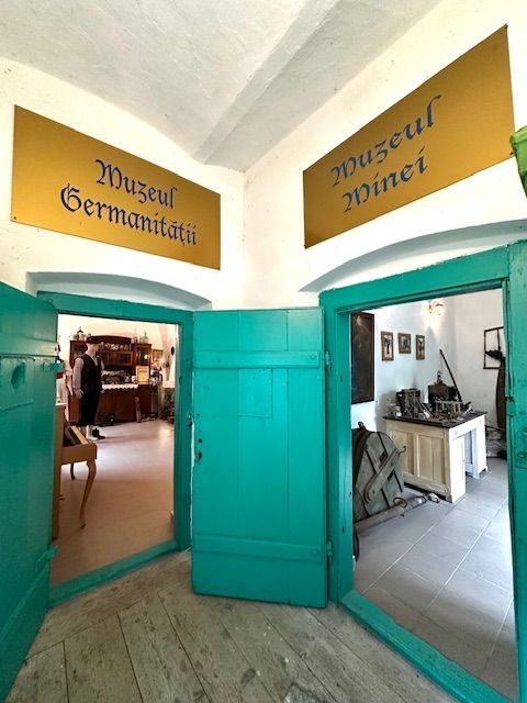 Cele două uși verzi din holul Centrului Cultural, cu firmele aurii „Muzeul Germanității” și „Muzeul Minei” deasupra fiecăreia