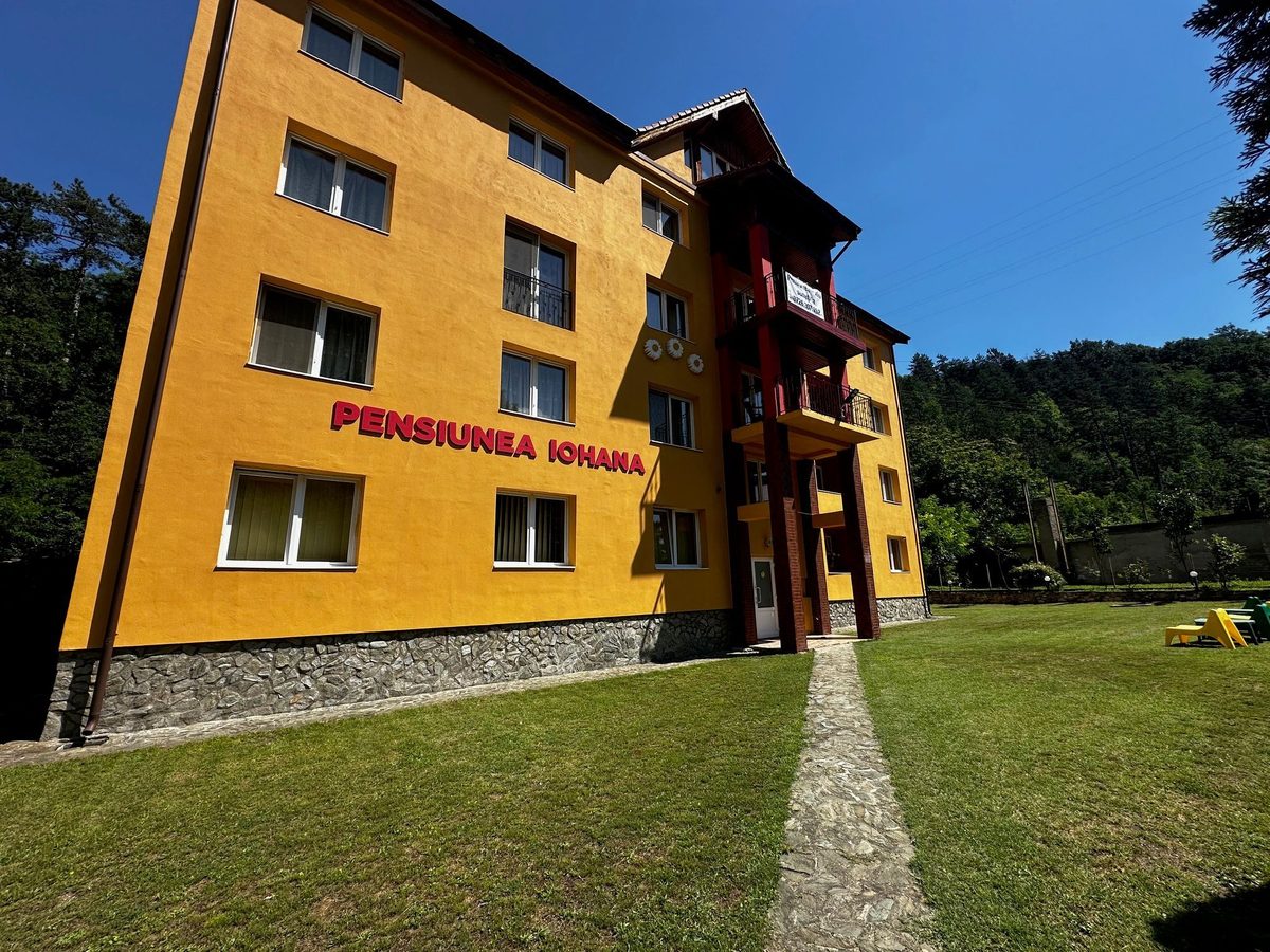 Peluza din fața pensiunii, cu poteca de piatră care duce spre intrare și șezlonguri colorate pe iarbă