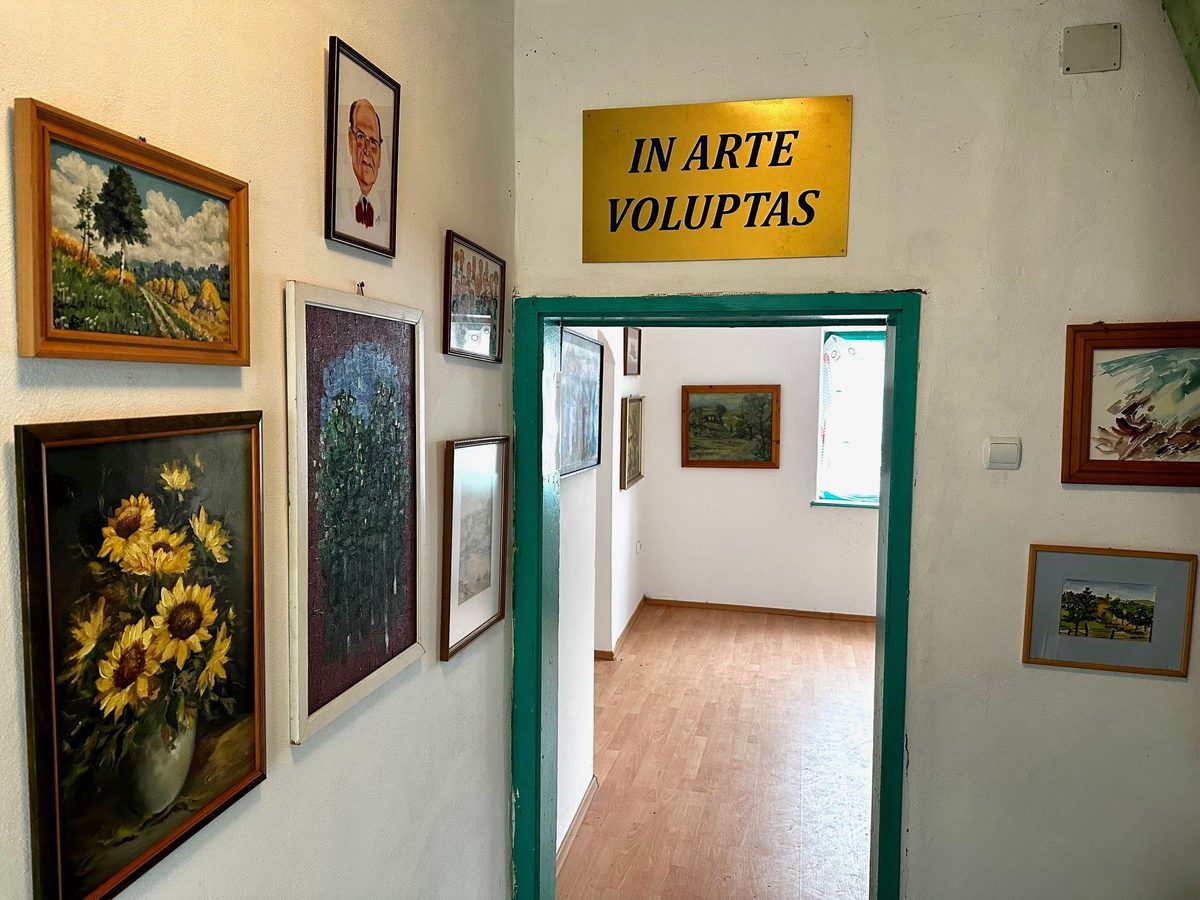 Intrare în Galeria de Artă a Centrului Cultural Sasca, cu deviza „In arte voluptas” pe o placă aurie deasupra ușii verzi și un tablou cu floarea-soarelui pe peretele din stânga