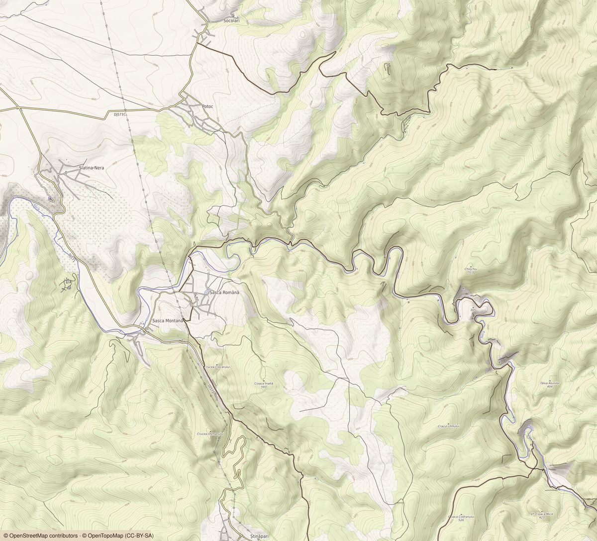 Topographic map of the country around Sasca Montană, showing the relief, roads and waymarked paths of the Nera Gorges