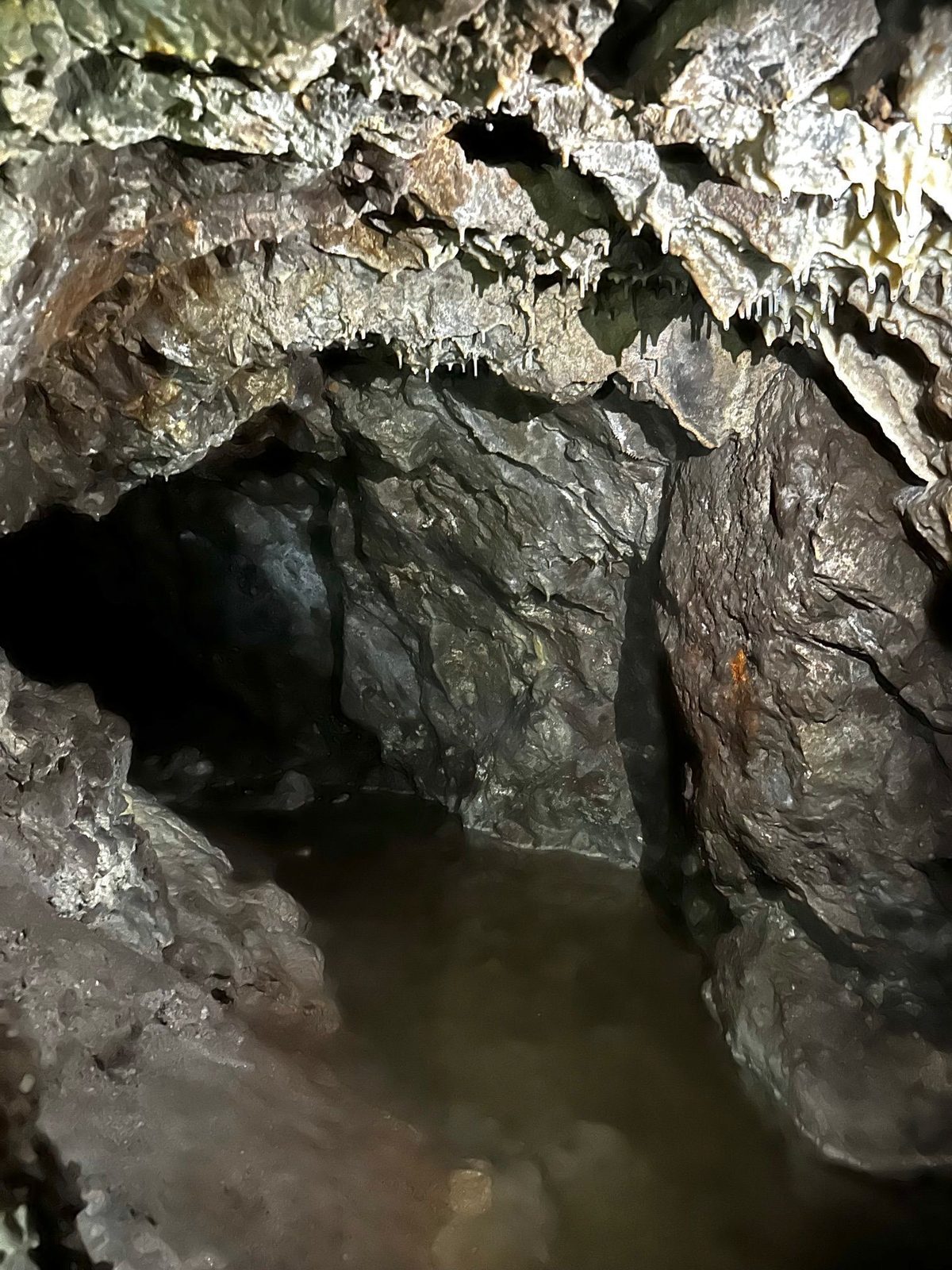 Galerie de mină inundată, cu apă limpede pe fundul de rocă și concrețiuni pe boltă