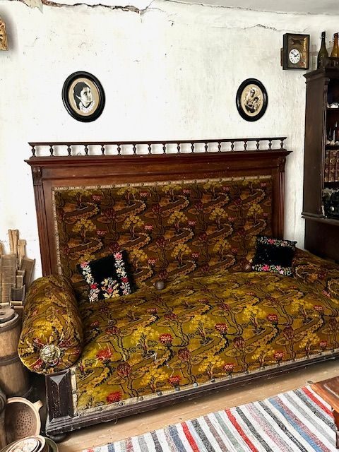 Canapea de salon cu tapiserie aurie și spătar sculptat, sub două portrete ovale înrămate în negru