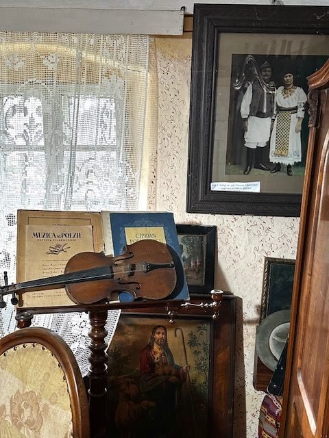 Vioară așezată pe un teanc de partituri și reviste vechi, sub fotografia înrămată a unei perechi în port bănățean