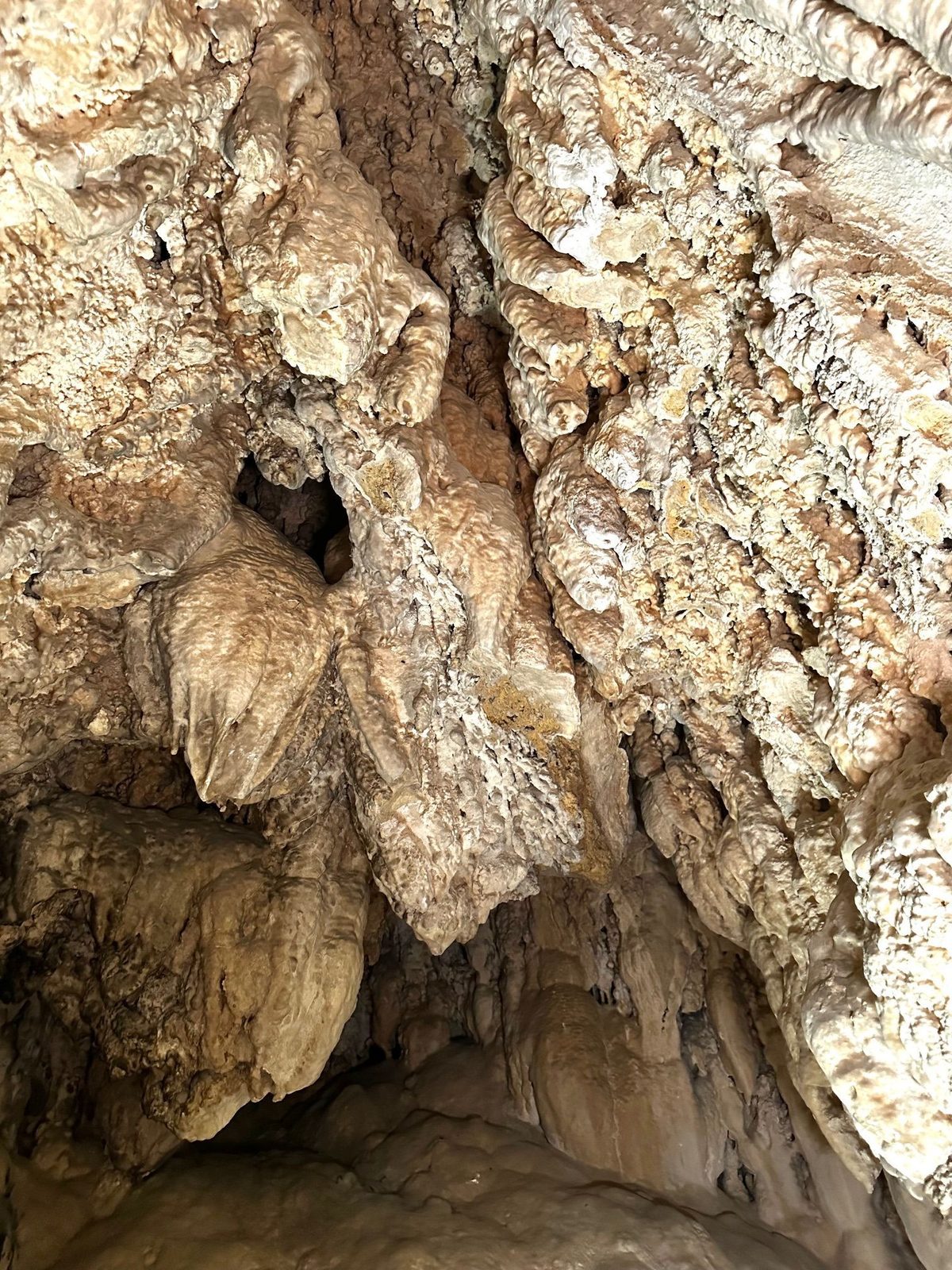 Formațiuni de calcar crescute pe tavanul peșterii, cu o coloană groasă coborând în mijlocul cadrului
