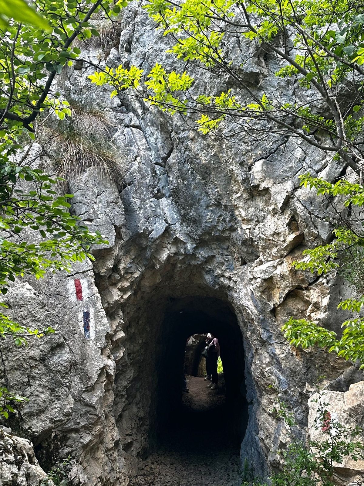 Intrarea într-un tunel marcată cu banda roșie de traseu, cu doi drumeți oprindu-se înăuntru